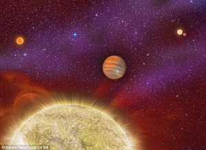 UN'IMMAGINE ARTISTICA DEL PIANETA CON 4 SOLI