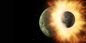 L'IMMAGINE ARTISTICA DELL'IMPATTO TRA LA TERRA E THEIA MILIARDI DI ANNI FA