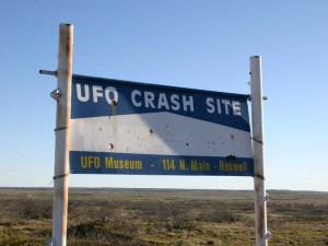 A sign marks the path leading to a supposed UFO crash site outside Roswell, N.M.