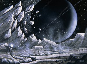 UN'IMMAGINBE ARTISRTIVA DI URANO VISTO DALLA SUPERFICE DI MIRANDA